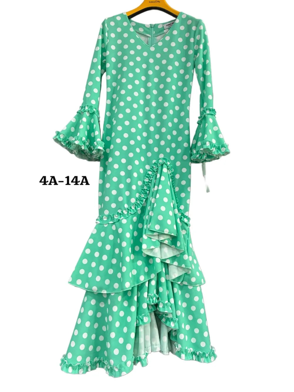 TRAJE FLAMENCA DE NIÑA  VERDE CON LUNARES BLANCOS KL-501