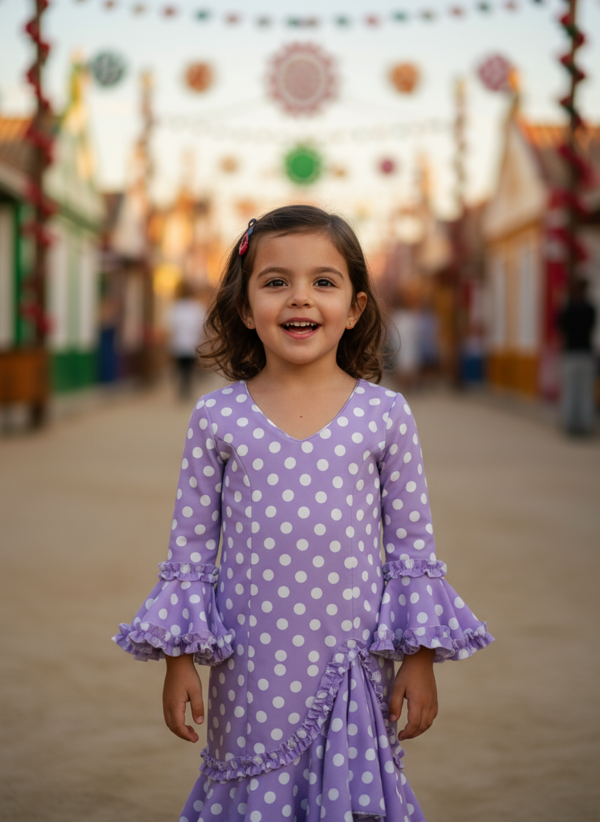 TRAJE FLAMENCA DE NIÑA  LILA CON LUNARES BLANCOS KL-501