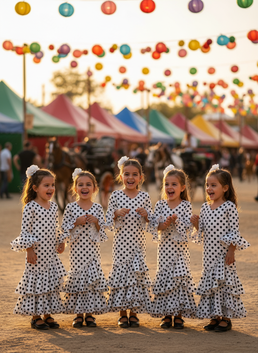 TRAJE FLAMENCA DE NIÑA  BLANCO CON LUNARES NEGROS KL-501