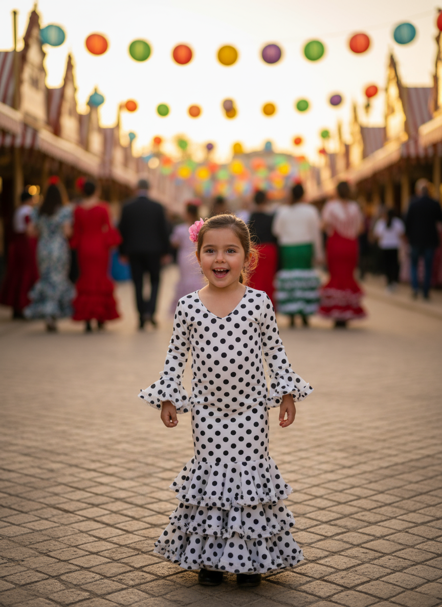 TRAJE FLAMENCA DE NIÑA  BLANCO CON LUNARES NEGROS KL-502