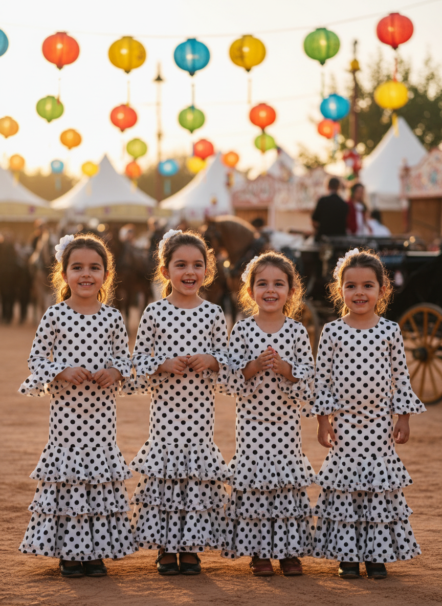 TRAJE FLAMENCA DE NIÑA  BLANCO CON LUNARES NEGROS KL-502