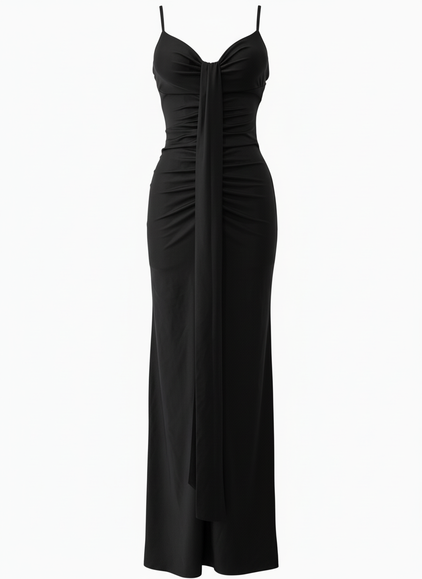 SHINY BLACK STRETCH LONG DRESS 25088