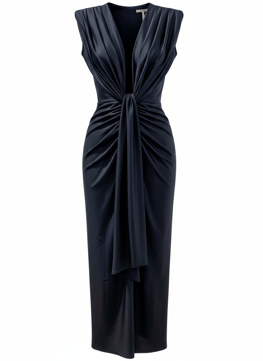 SHINY BLACK STRETCH MIDI DRESS 5484