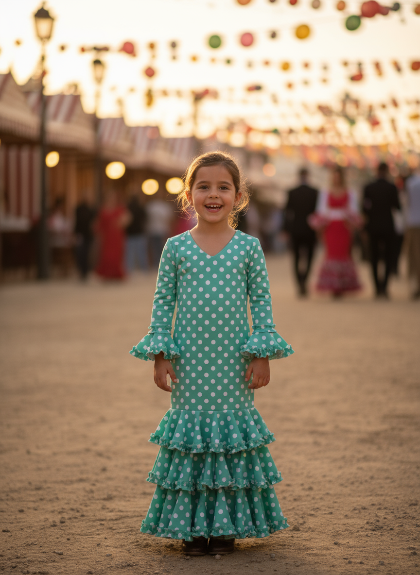 TRAJE FLAMENCA DE NIÑA  VERDE CON LUNARES BLANCOS KL-502