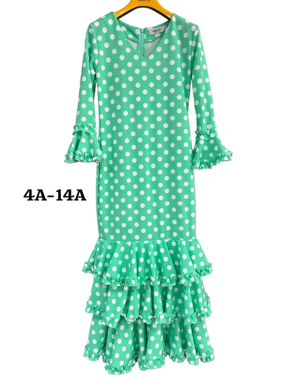 TRAJE FLAMENCA DE NIÑA  VERDE CON LUNARES BLANCOS KL-502