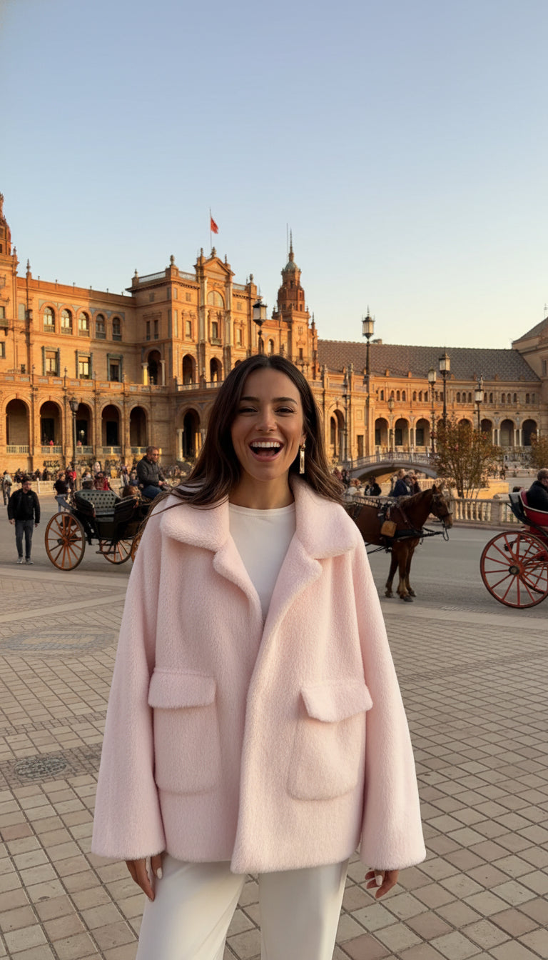 EMMA WU SELECTION Abrigo de felpa de manga larga con solapa suelta y botonadura sencilla para invierno, chaqueta corta de felpa para mujer