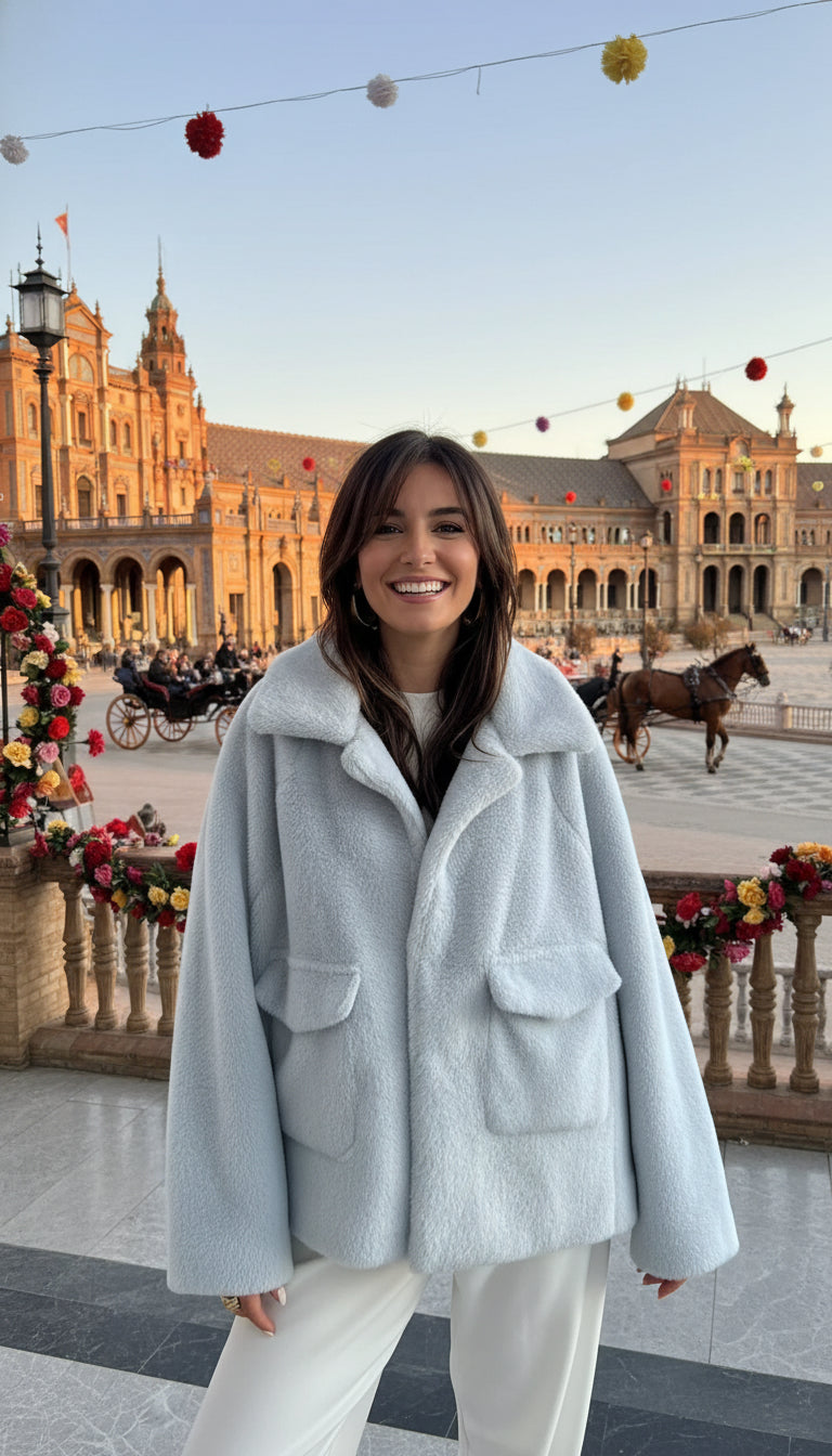 EMMA WU SELECTION Abrigo de felpa de manga larga con solapa suelta y botonadura sencilla para invierno, chaqueta corta de felpa para mujer