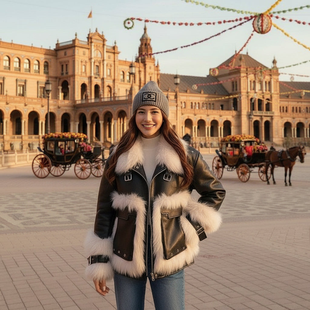 EMMA WU SELECTION Abrigo de cuero con costura de piel de zorro Sense