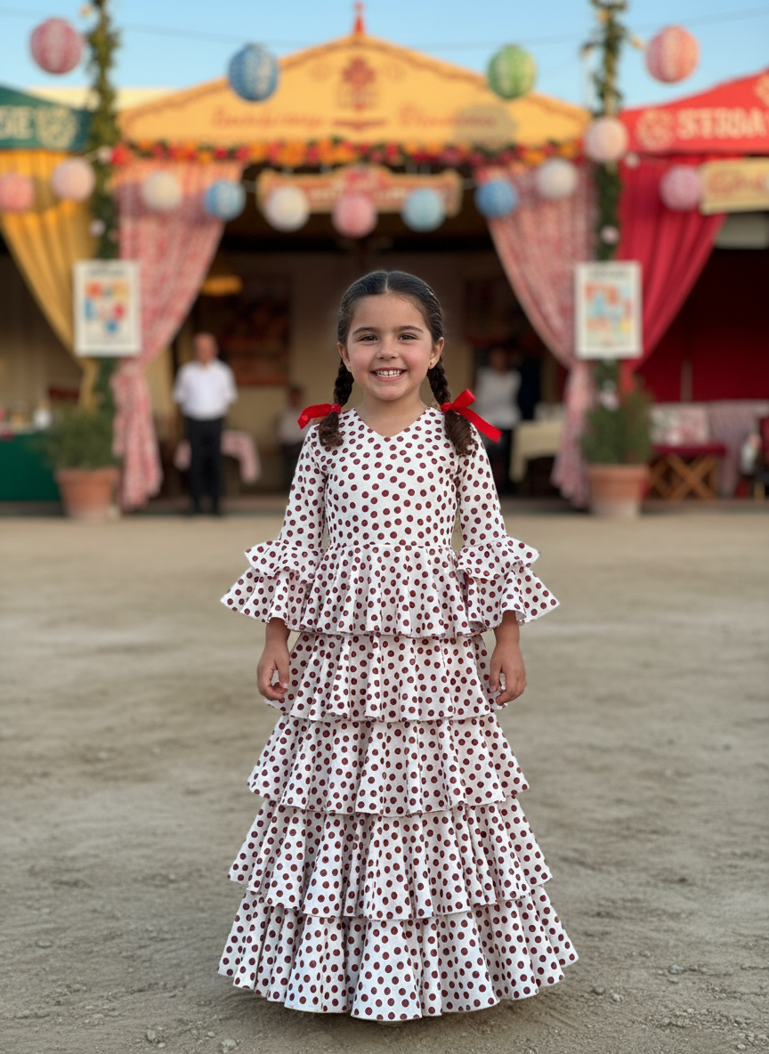 TRAJE FLAMENCA DE NIÑA  BLANCO CON LUNARES ROJOS 221121