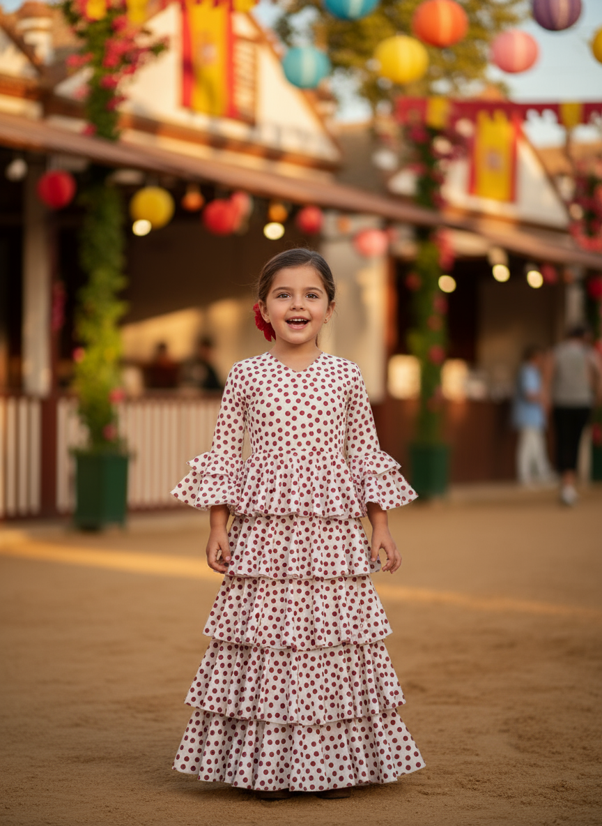TRAJE FLAMENCA DE NIÑA  BLANCO CON LUNARES ROJOS 221121