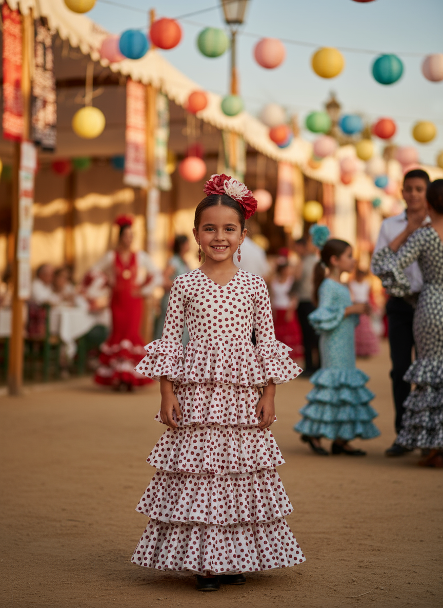 TRAJE FLAMENCA DE NIÑA  BLANCO CON LUNARES ROJOS 221121