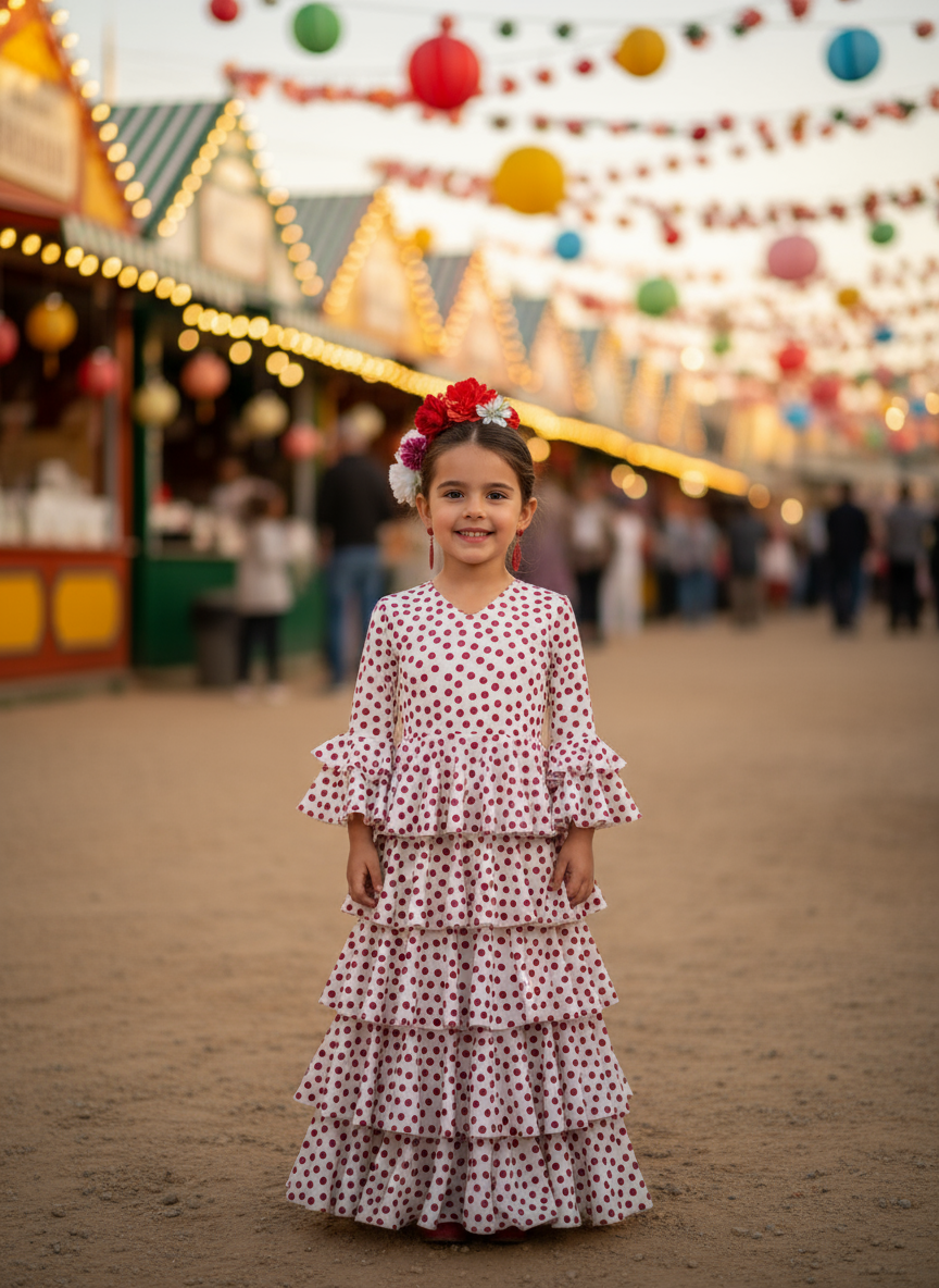 TRAJE FLAMENCA DE NIÑA  BLANCO CON LUNARES ROJOS 221121